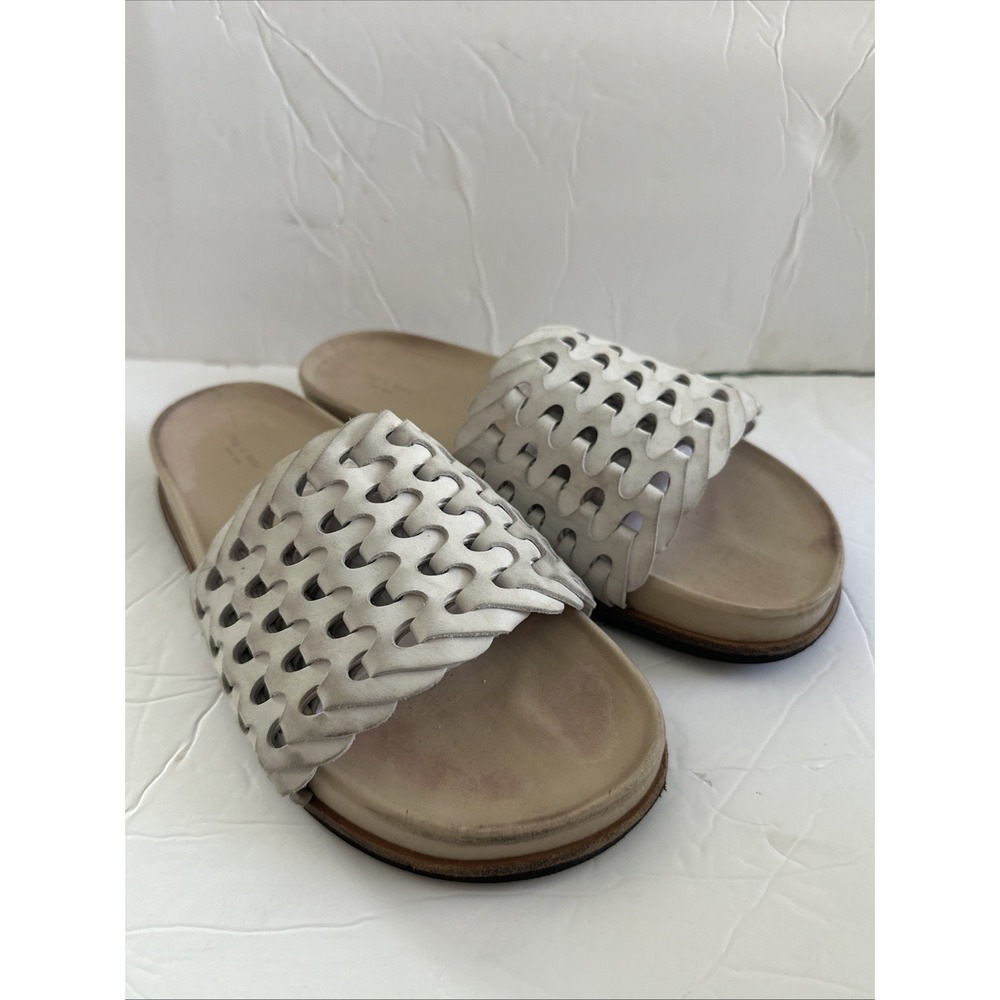 rag & bone New York Woven Leather Slide Sandals Cream Beige Flat Slides Womens
